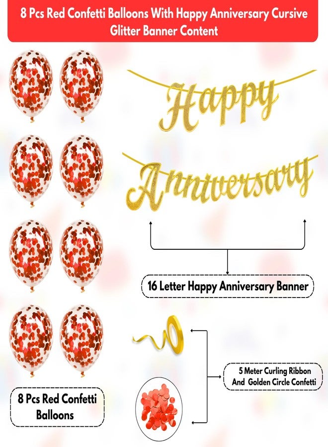 Flyloons Gold Happy Anniversary Banner with Confetti Balloons Decoration Kit for Men Women 8 Pcs Red Colour Confetti Meatallic Balloons Reusable Happy Wedding Anniversary Banner - Image 2